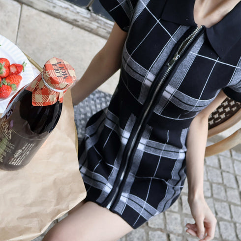 カービープレイドニットワンピース